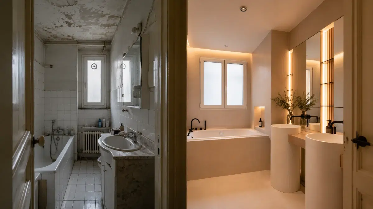 Avant / après d'une rénovation d'appartement haut de gamme à Paris par Ameo Concept, transformation d'un intérieur haussmannien
